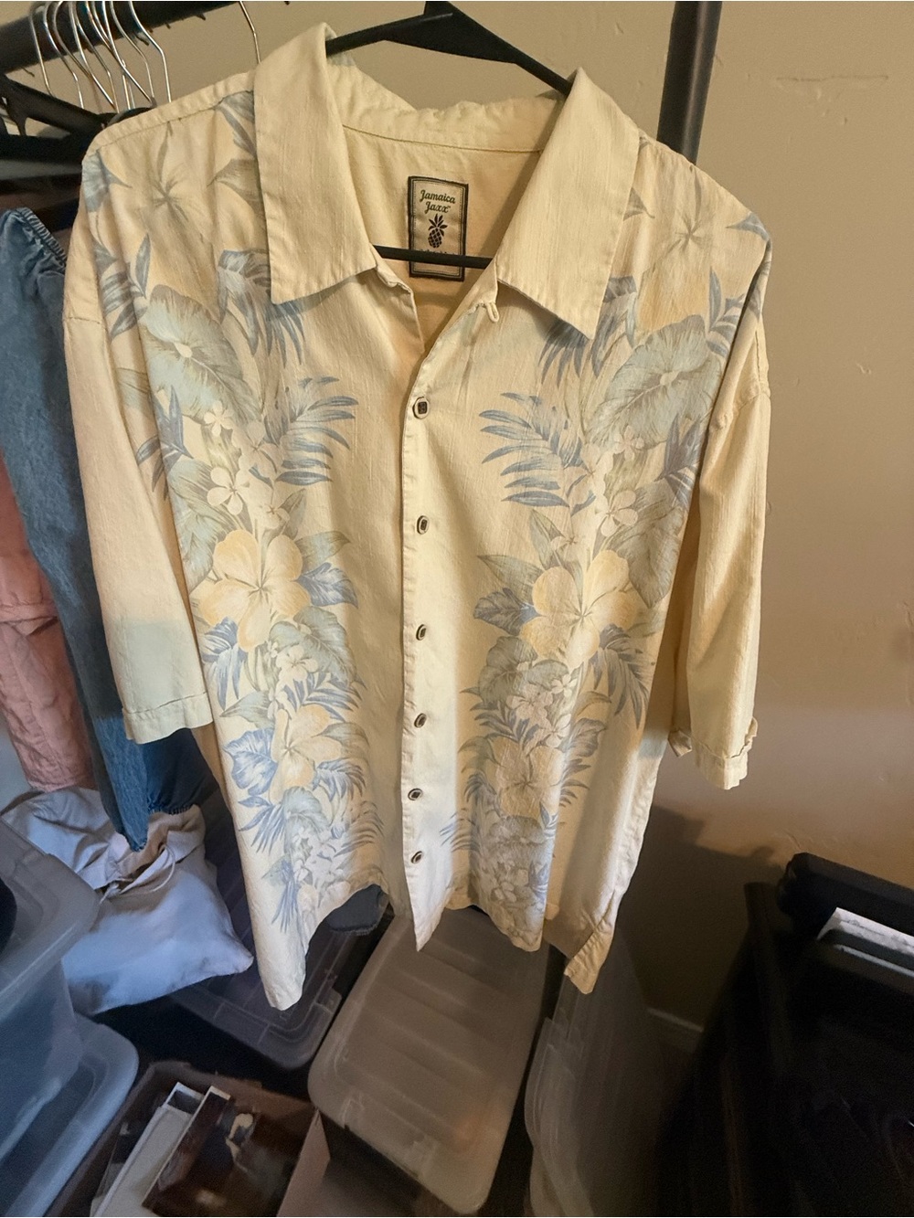 Jamaica Jaxx Cream Hawaiian Shirt with Soft Blue Palm Print 100% silk
